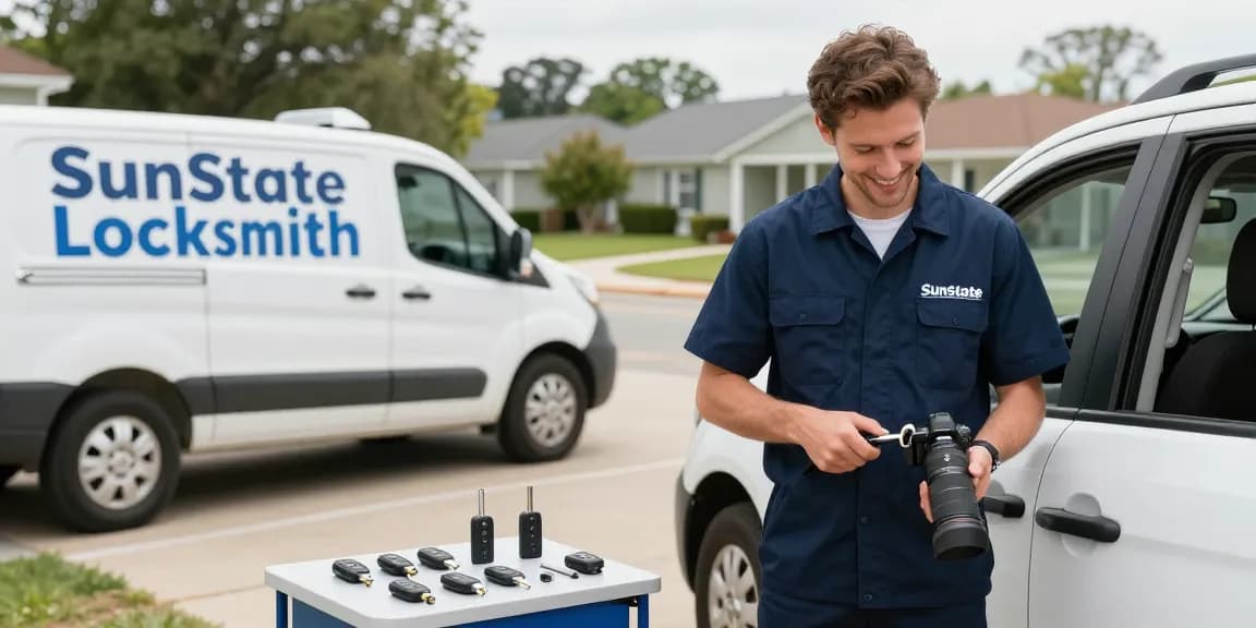 Expert car locksmith near Fort Lauderdale unlocking vehicle door with specialized tools in residential driveway.