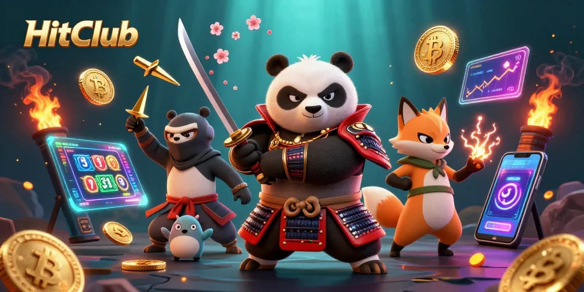 Engage in thrilling gameplay at HitClub with dynamic samurai panda and ninja fox surrounded by digital jackpots.