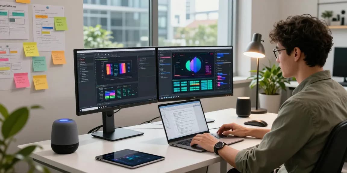 Dynamic tech workspace showcasing AI tools 2026, featuring developer at desk with monitors and brainstorming notes.