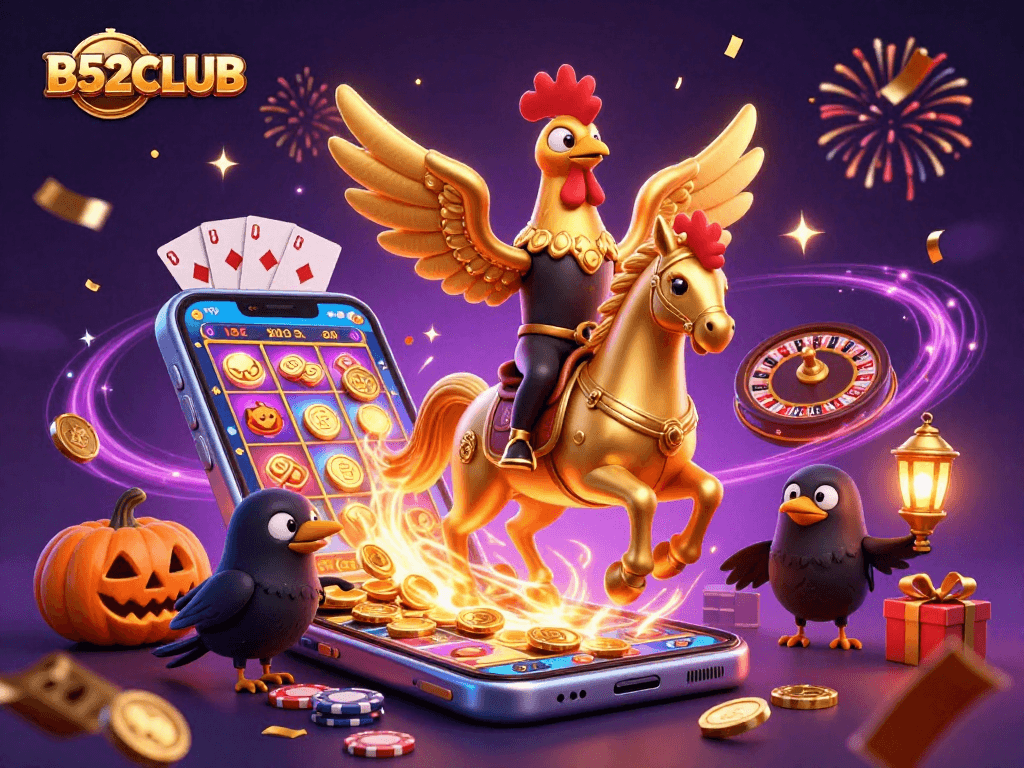 Experience B52CLUB's thrilling gameplay with a golden rooster and casino elements in vibrant action.