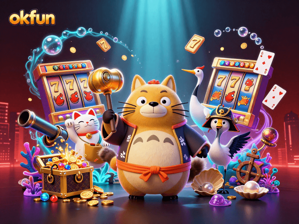 Engage with OKFUN's vibrant casino experience featuring cheerful characters and slot elements.