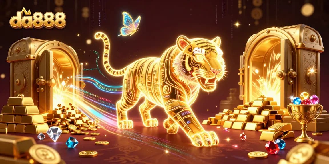 Engage with the da888 casino experience through a captivating 3D illustration featuring vibrant gaming elements and a golden tiger.