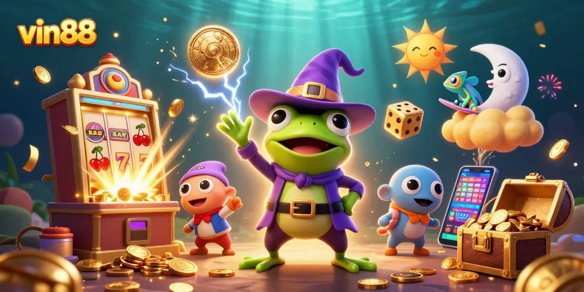 Experience the excitement of vin88 with a dazzling casino scene featuring golden coins and colorful game elements.