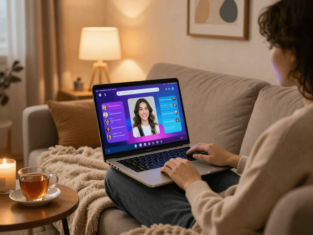 Engaging in ai sex chat on a laptop in a cozy room.
