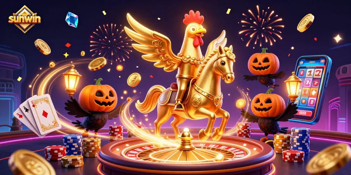 Experience the excitement of sunwin with vibrant casino elements, featuring a golden rooster character and dynamic gaming visuals.