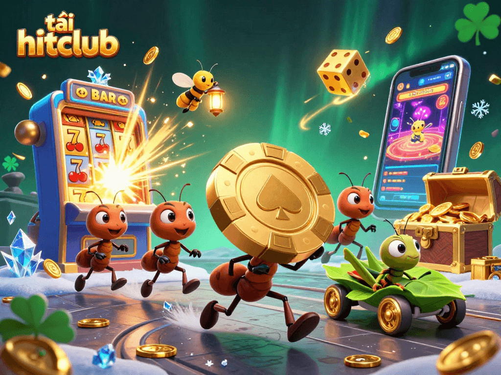 Play to win with tải hitclub as ants haul a giant poker chip through a vibrant casino scene.