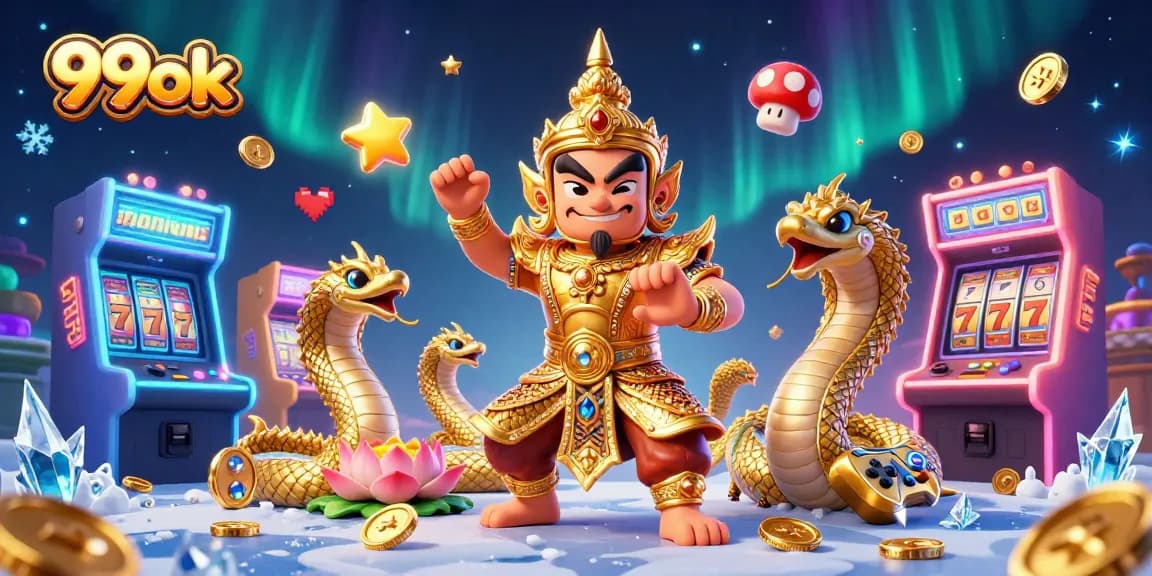 Engage with 99ok: A vibrant casino scene showcasing traditional Thai motifs and dynamic gaming elements.