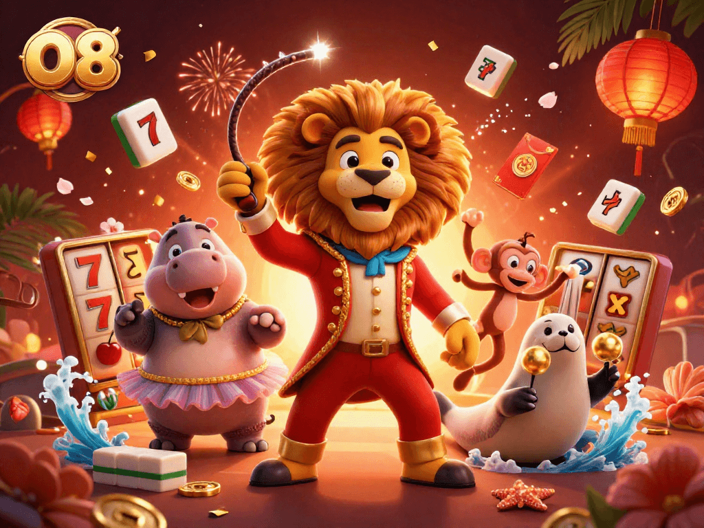Spin and win with O8's vibrant casino-themed illustration featuring lively characters.