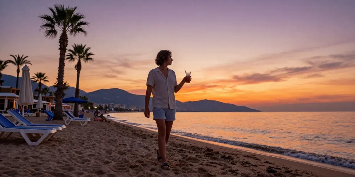 Beautiful sunset on Antalya beach showcasing pleasant antalya weather november, with traveler enjoying the scenery and relaxed atmosphere.