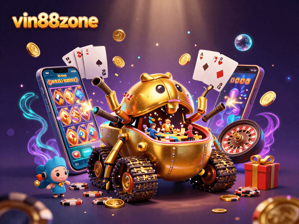 Experience vibrant winnings at vin88zone with a 3D casino beetle tank illustration.