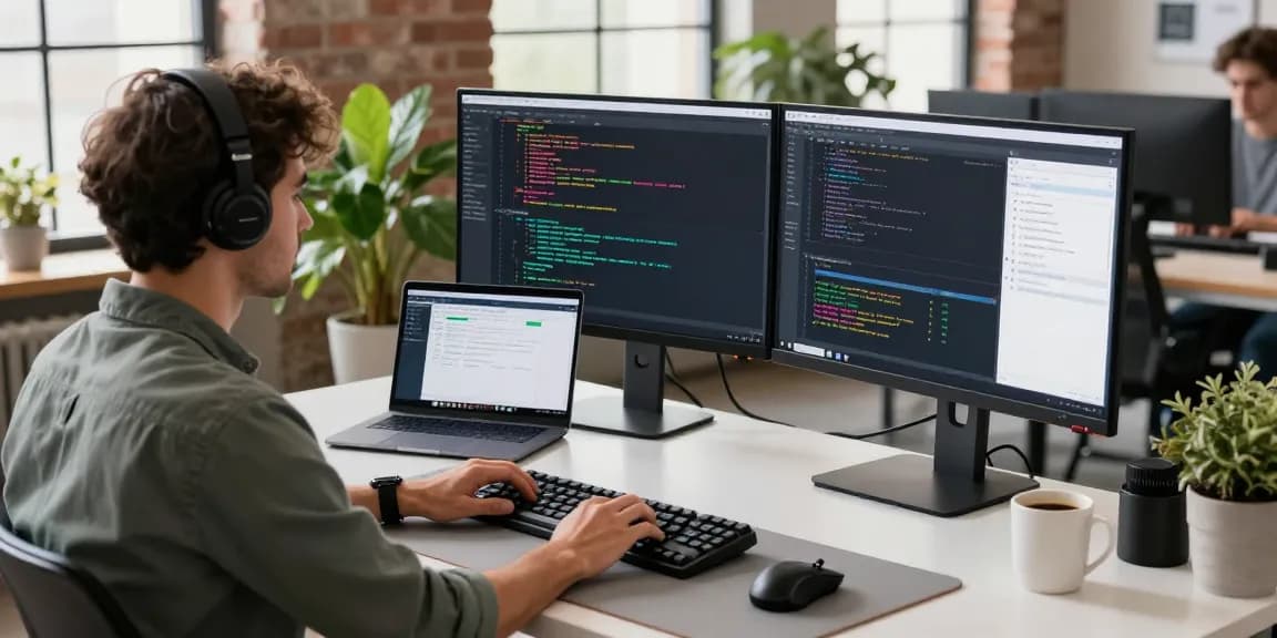 Developer programming code at a modern workspace, showcasing Kinetic KHype on dual monitors in a bright office setting.