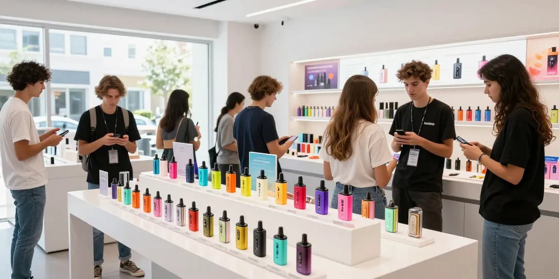 Browsing top disposable vapes shop in USA, showcasing diverse flavors and engaging atmosphere.