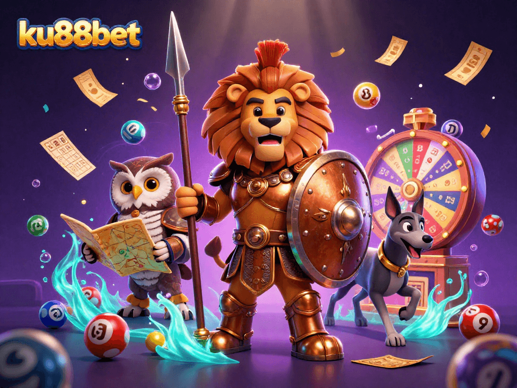ku88bet's vibrant lottery scene with dynamic characters and action elements