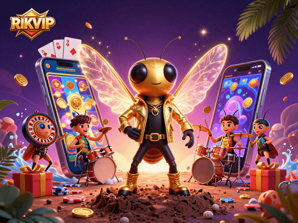 Experience RIKVIP's vibrant casino scene with a buzzing rock star and engaging game elements.