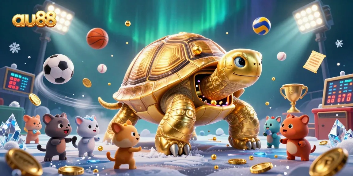 Experience excitement with AU88's colossal tortoise pinball machine surrounded by sports and casino elements.