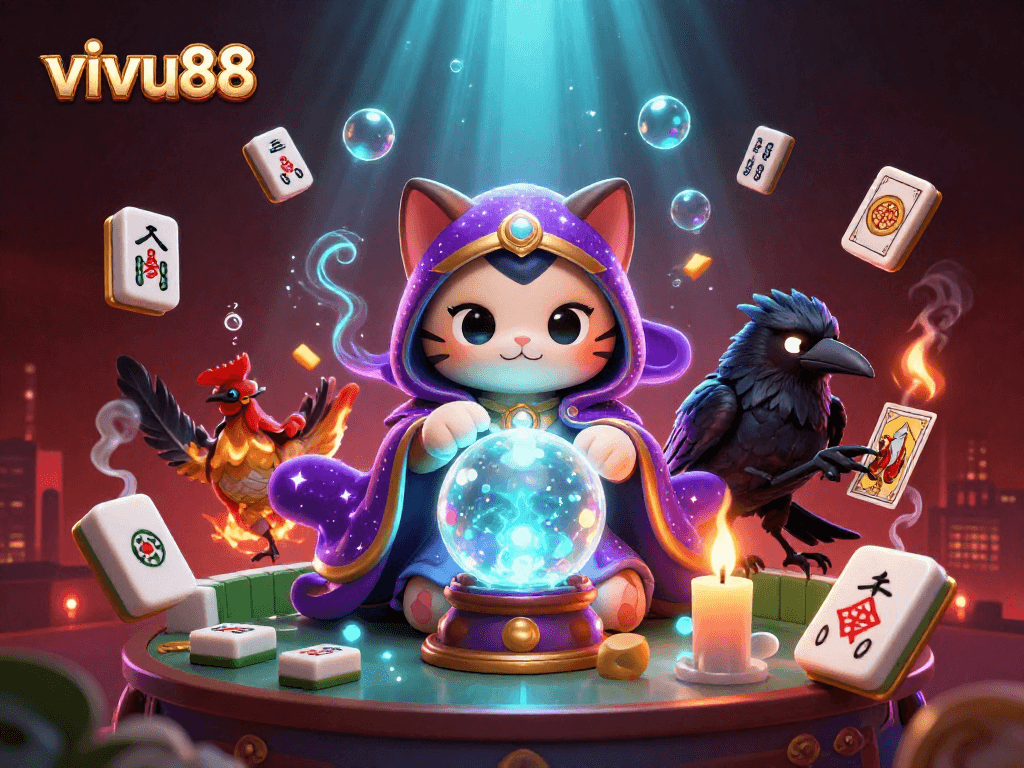 Experience excitement with vivu88 through a mystical cat and glowing raven in a dynamic gambling scene.