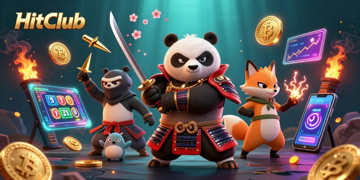 Engage in thrilling gameplay at HitClub with dynamic samurai panda and ninja fox surrounded by digital jackpots.