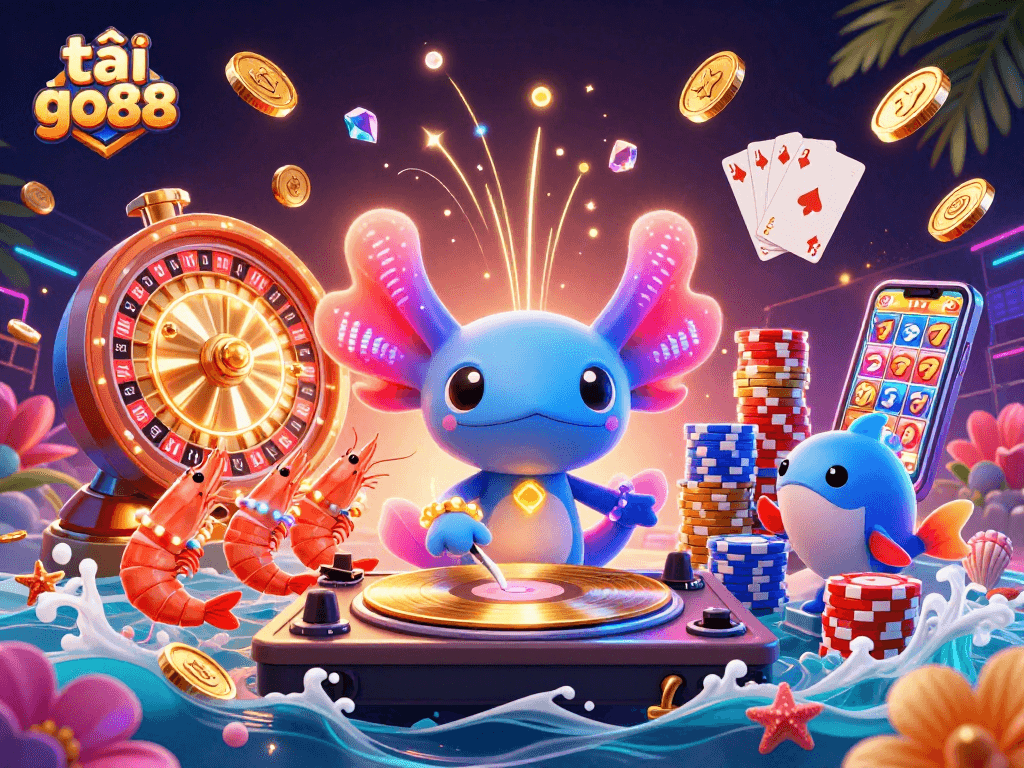 Engage with exciting gameplay in tải go88 with neon axolotl DJ and animated characters.