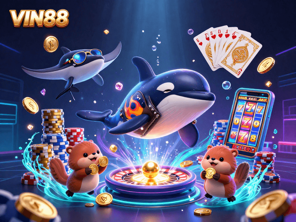 Watch VIN88 come alive with a vibrant underwater casino scene featuring an orca, stingray, and coin-holding otters.