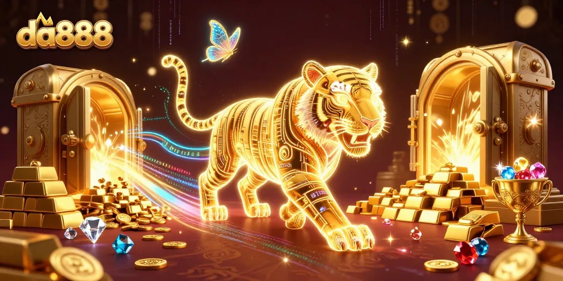 Engage with the da888 casino experience through a captivating 3D illustration featuring vibrant gaming elements and a golden tiger.