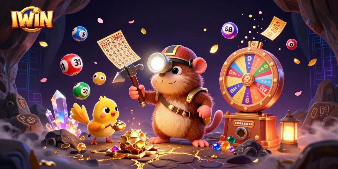 IWIN presents an exciting treasure hunting scene with colorful lottery elements and joyful characters.