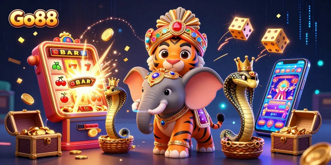 Go88 captivates players with a vibrant casino scene featuring a tiger and elephant amidst explosive jackpots and immersive games.