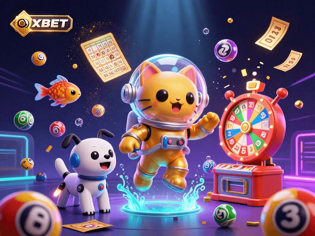Experience vibrant gaming action with OXBET's ultra-detailed 3D illustration featuring lottery excitement.