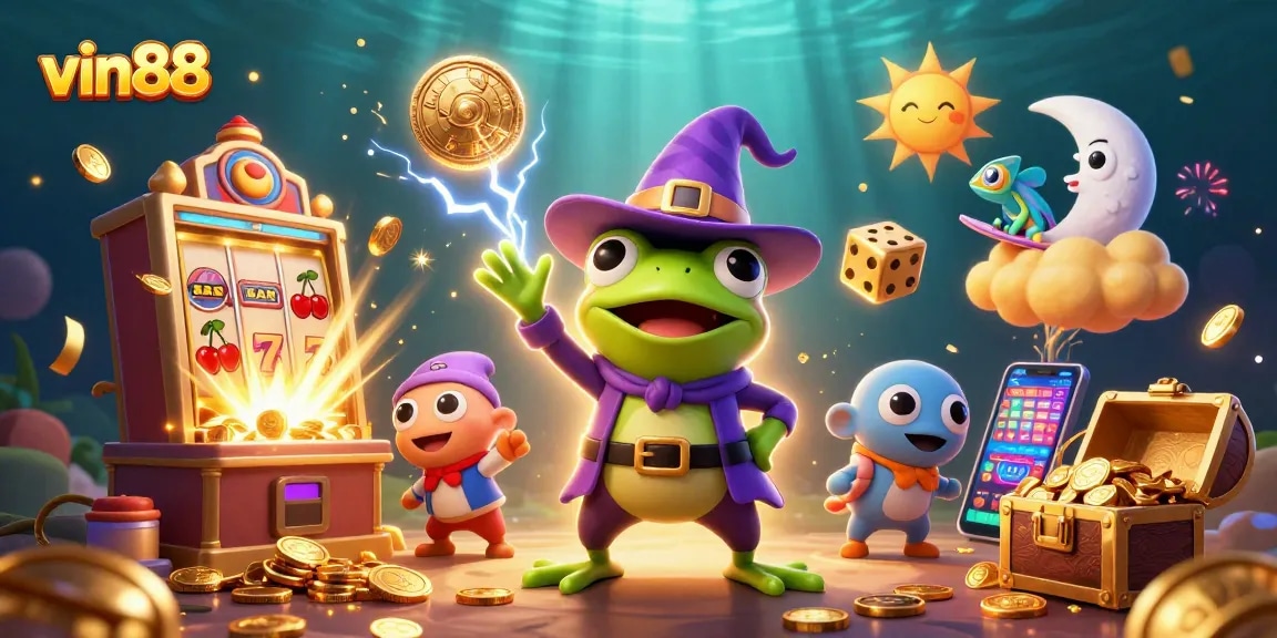 Experience the excitement of vin88 with a dazzling casino scene featuring golden coins and colorful game elements.