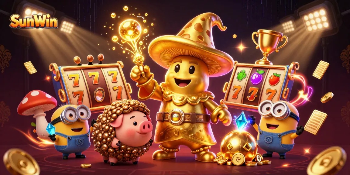 Experience the excitement of SunWin with golden treasures and dynamic slot elements for thrilling gameplay.