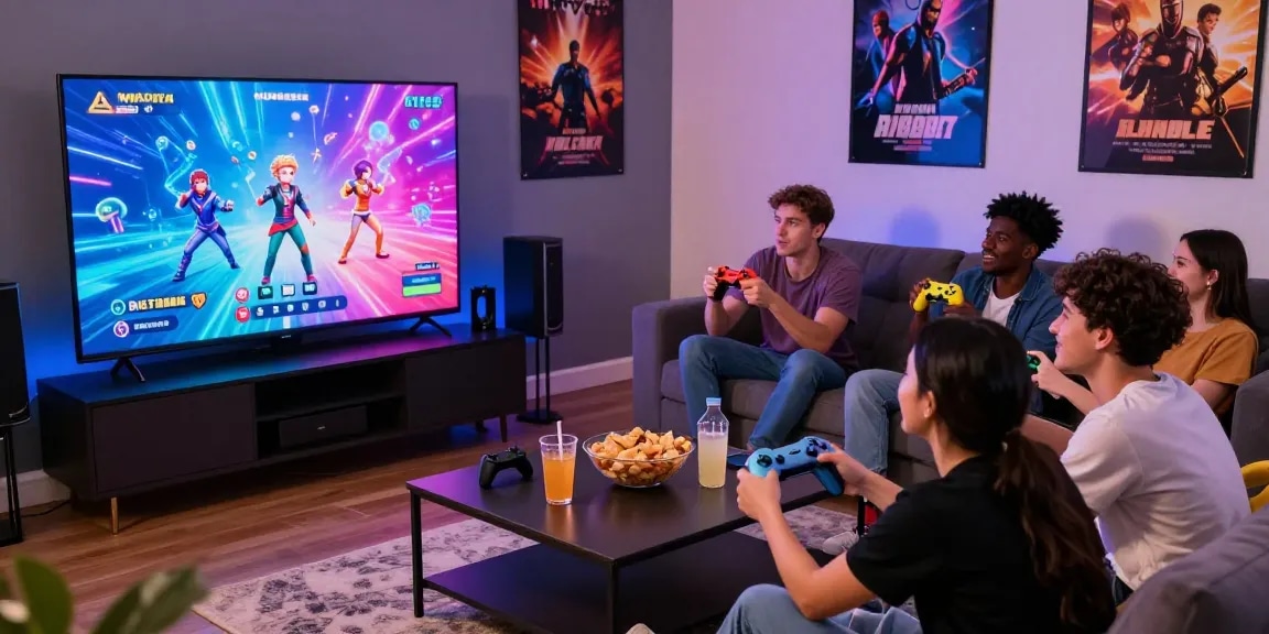 Group of friends enjoying free porn game while gaming together in a vibrant living room.