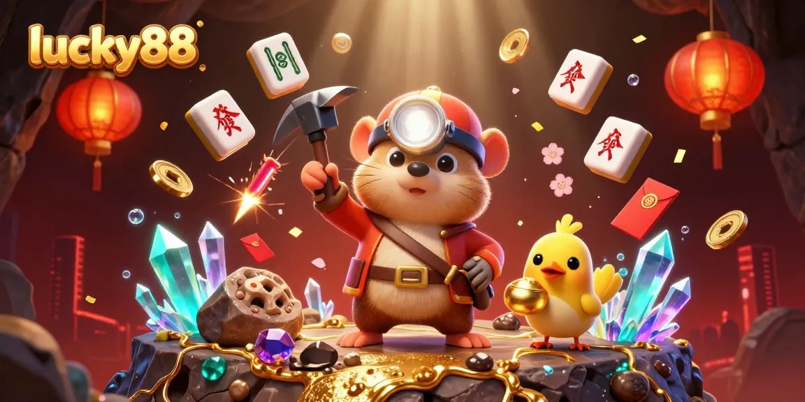 Engage with lucky88's features as a cartoon mole and canary collect treasures in a vibrant 3D illustration.