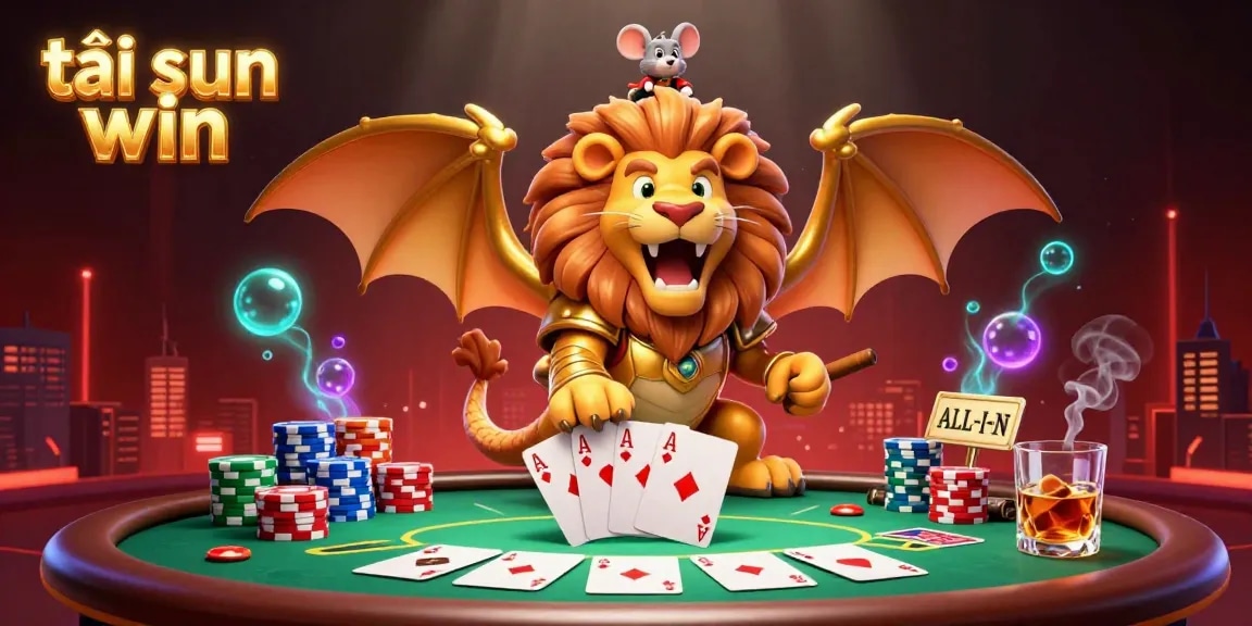 Experience the excitement of tải sun win with a dynamic 3D casino scene of a chimera and poker elements.