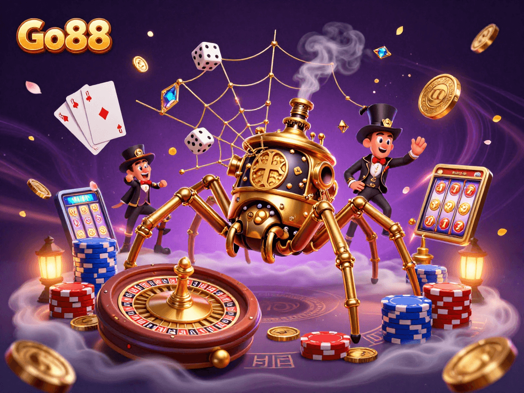 Experience thrilling gameplay at Go88 with a stunning casino-themed illustration filled with golden treasures.