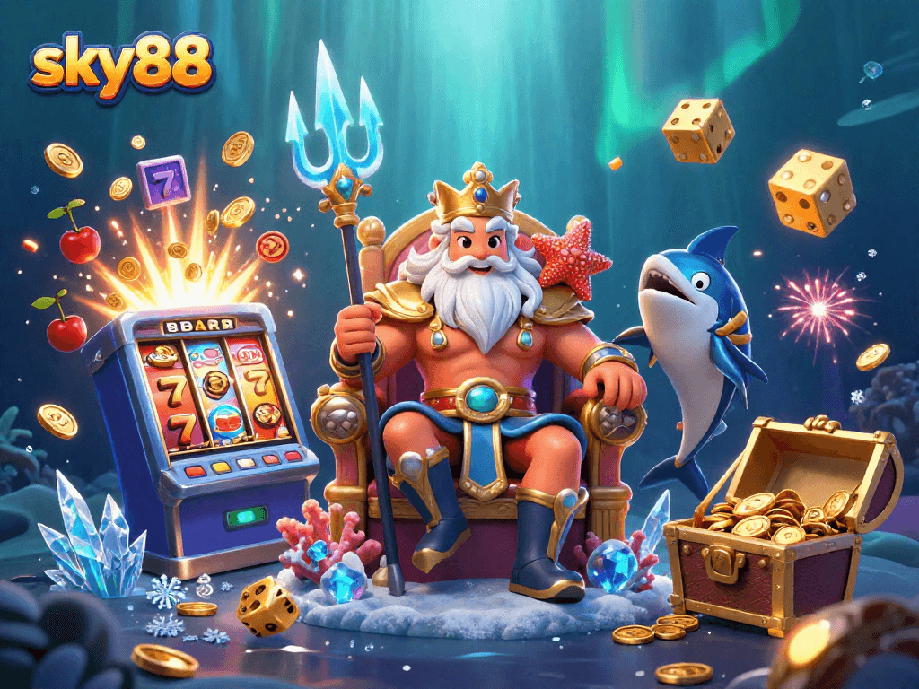 Win big at sky88 with exciting games and dramatic jackpot scenes in this vibrant illustration.
