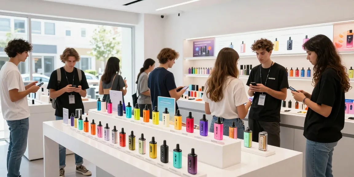 Browsing top disposable vapes shop in USA, showcasing diverse flavors and engaging atmosphere.