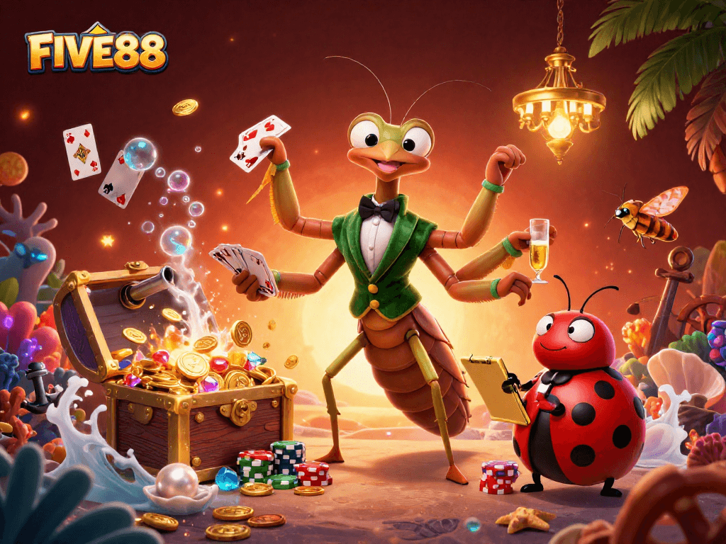 Engage in exciting gameplay at FIVE88 with vibrant casino characters in a dynamic 3D scene.