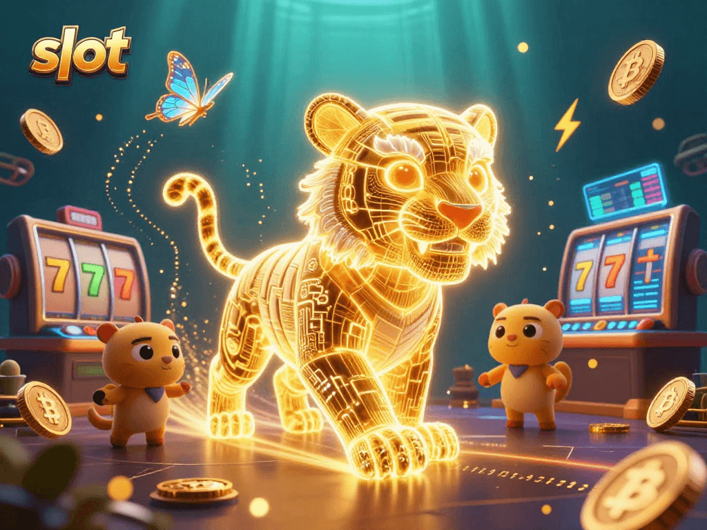 Engage with thrilling slot games featuring the illuminated 3D golden tiger in a vibrant digital casino.
