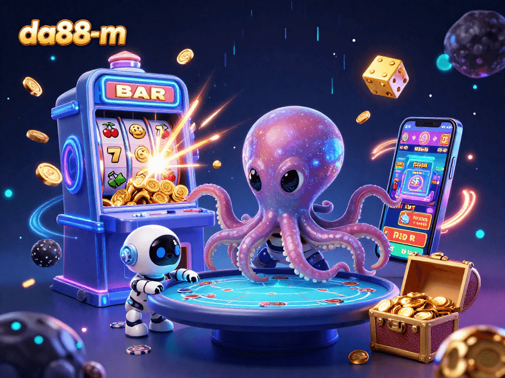 da88-m gamifies user experience with a cosmic octopus at a dynamic poker table surrounded by vibrant casino elements.