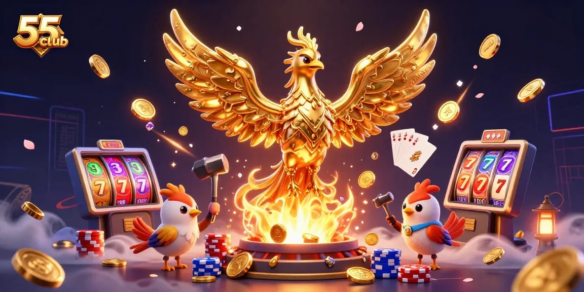 Engage with 55club's vibrant 3D illustration of a golden phoenix amidst lively casino elements.