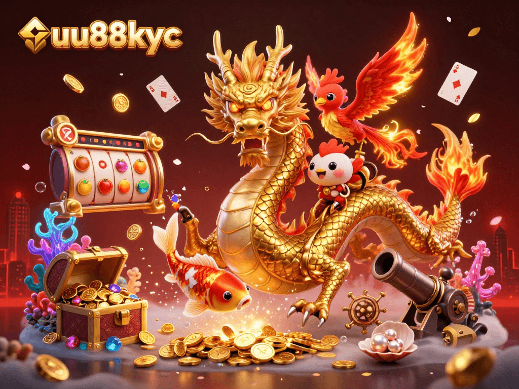 Experience the thrilling world of gambling at uu88kyc with a fierce dragon and phoenix in a dynamic casino scene.