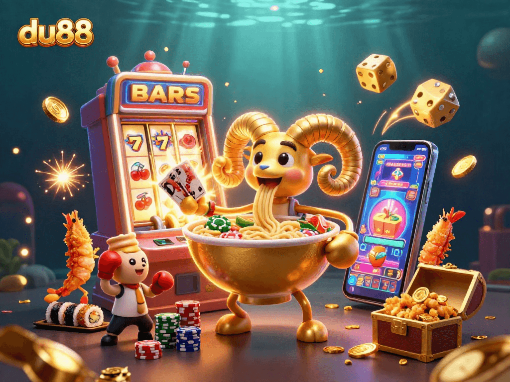 Join du88 in a vibrant casino scene featuring lively characters, dynamic slot machine, and jackpot excitement.