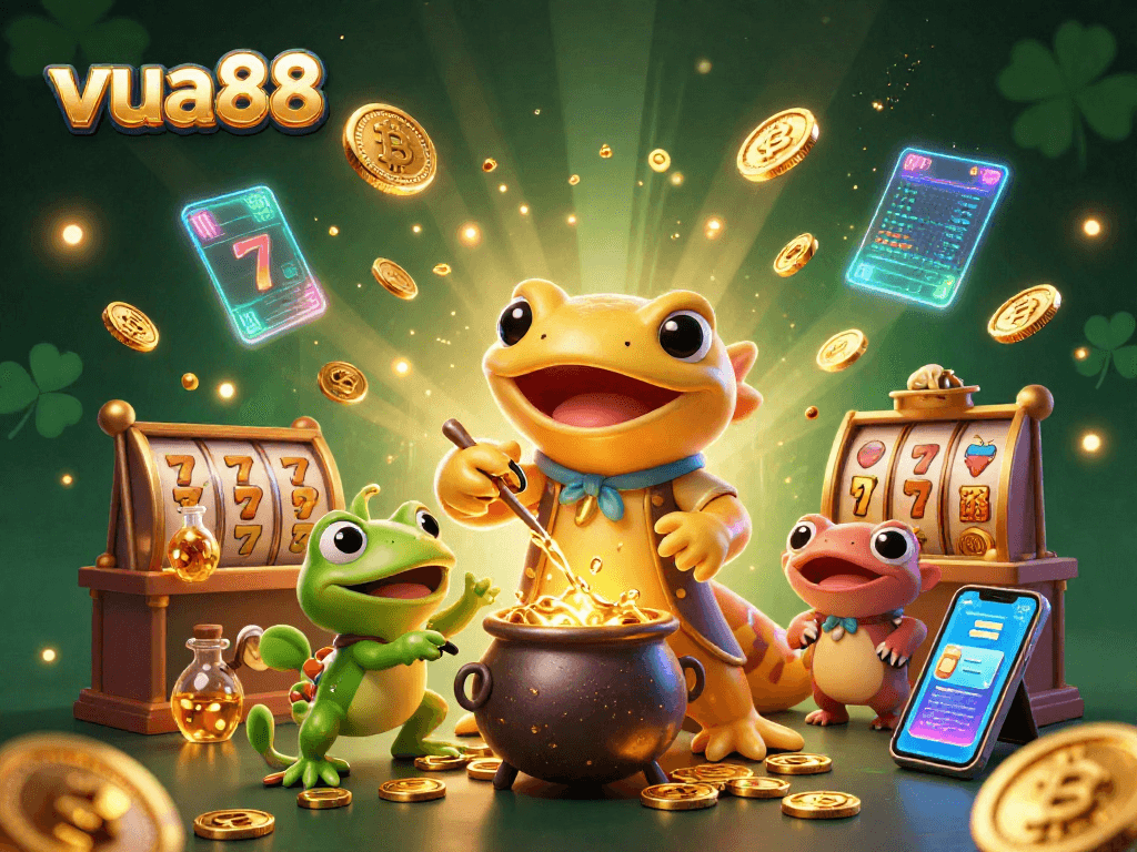 Experience the thrilling world of vua88 with a vibrant illustration of alchemists and golden coins in a casino setting.
