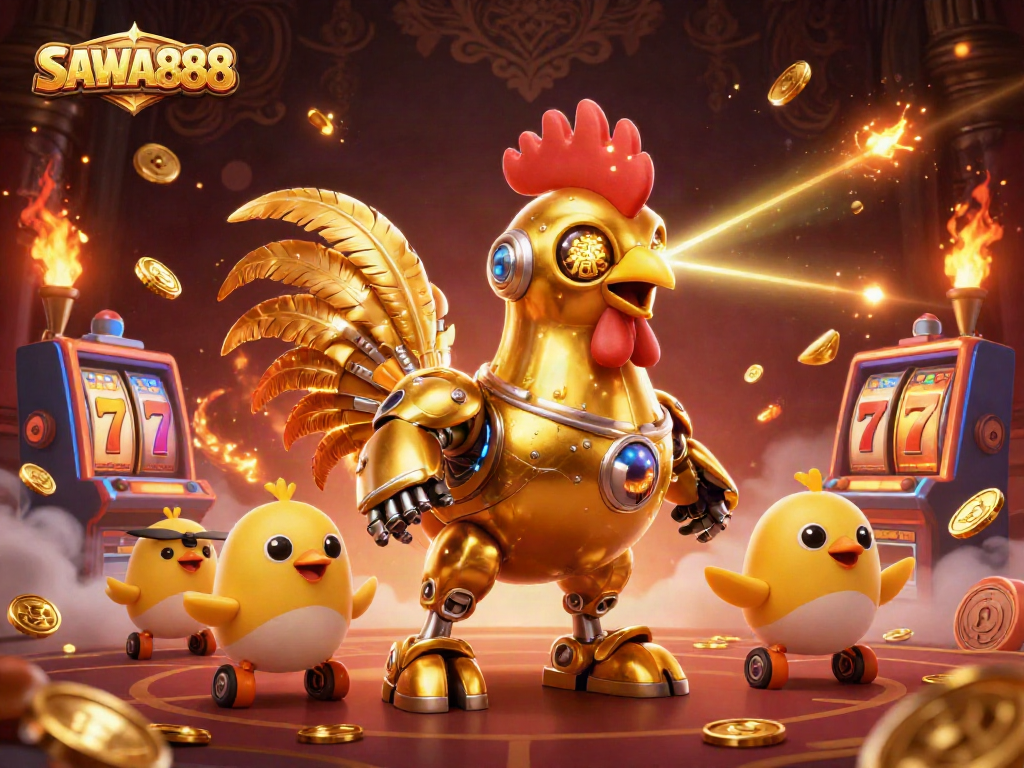 Engage with the playful energy of SAWA888 in this vibrant casino illustration with animated characters.