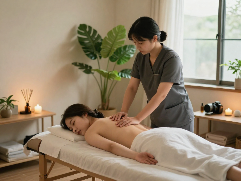 Home setting with professional 종로출장마사지 providing soothing therapy, calming atmosphere.
