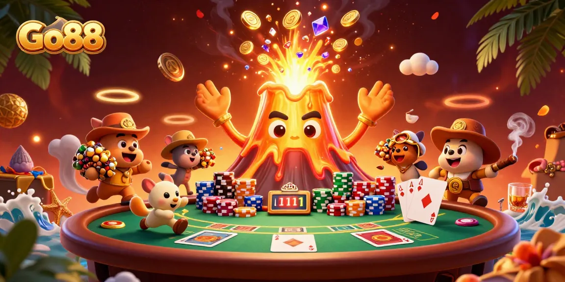 Experience the treasures at Go88 with a golden volcano, poker chips, and vibrant casino elements.