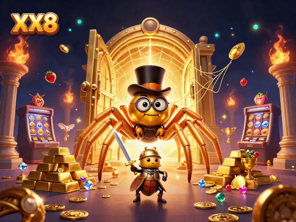 Experience excitement with the XX8 slot scene featuring a golden tarantula and knight in action.