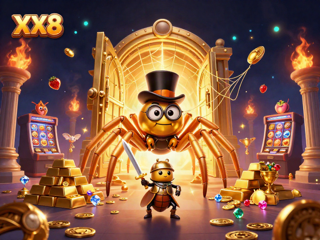 Experience excitement with the XX8 slot scene featuring a golden tarantula and knight in action.