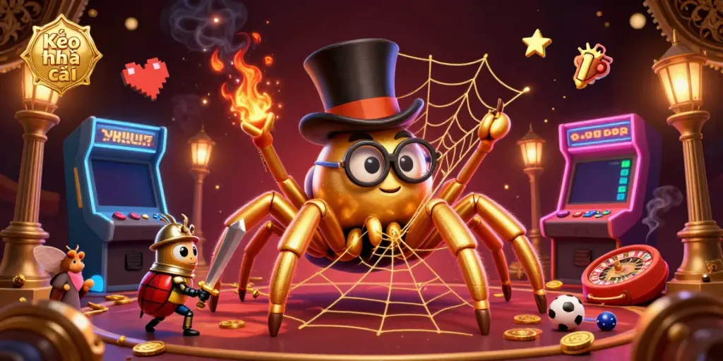 Engage with Kèo nhà cái through a vibrant scene showcasing a golden tarantula and beetle knight amidst gambling elements.
