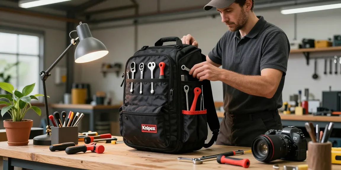 Knipex backpack used by tradesperson to organize tools in a workshop, showcasing practical compartments and functionality.