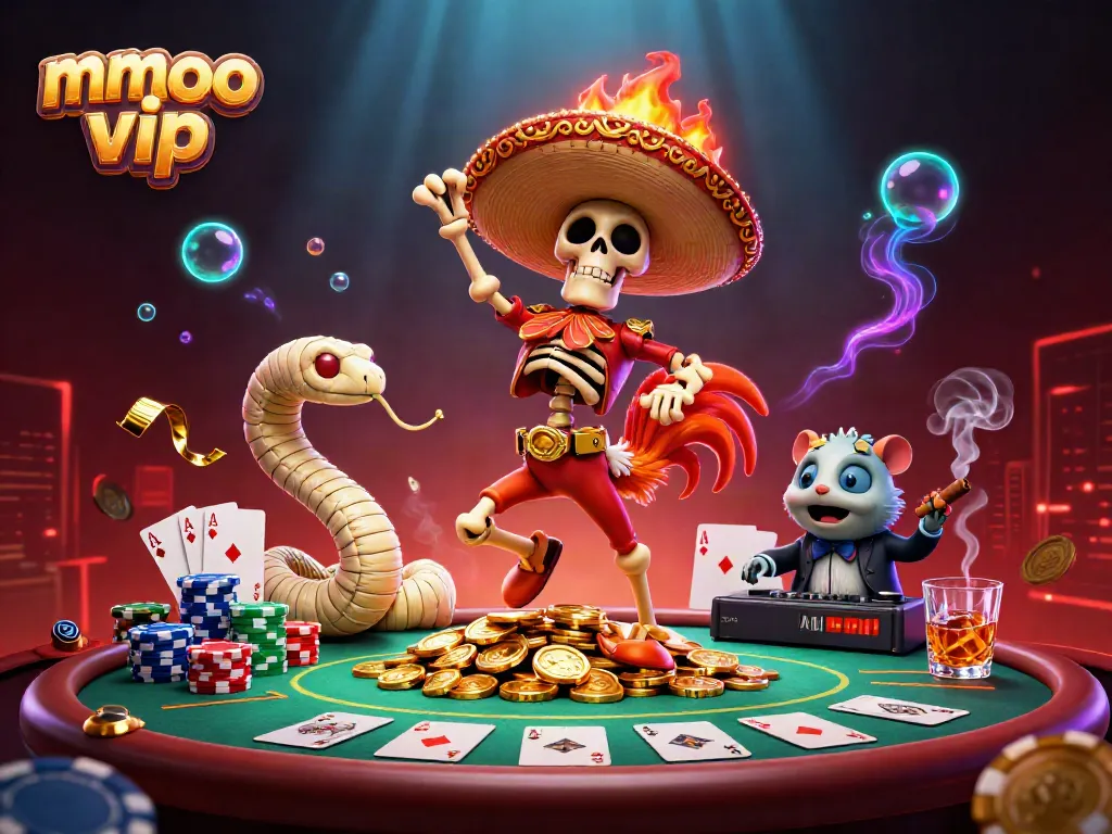 Experience the vibrant mmoo vip casino scene with colorful poker elements and lively characters.